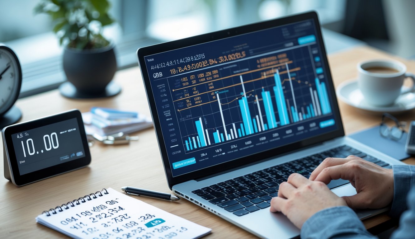 Seseorang menggunakan laptop di meja kerja dengan data dan grafik angka di layar, menunjukkan prediksi togel 4D online berdasarkan data terbaru.