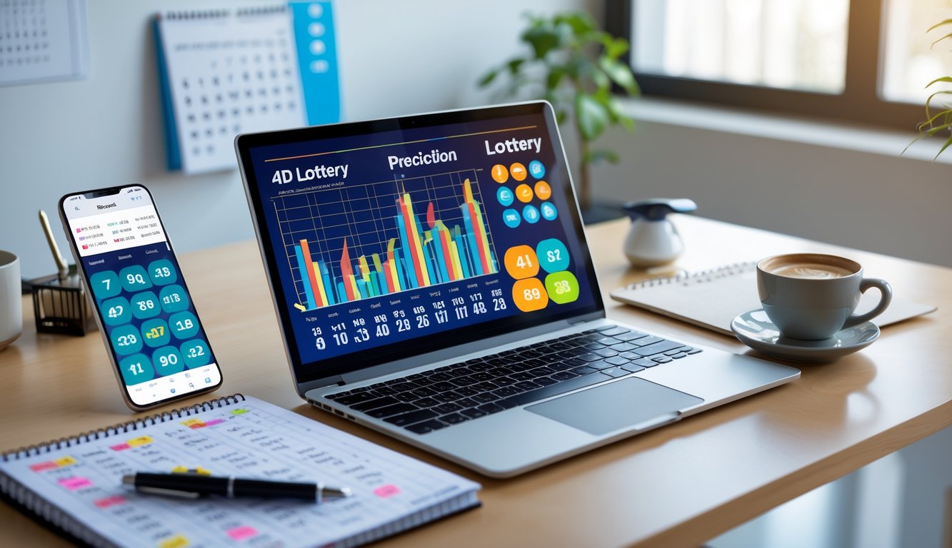 Meja kerja modern dengan laptop menampilkan grafik prediksi togel 4D, ponsel dengan aplikasi togel, catatan dan secangkir kopi di lingkungan kantor yang terang.