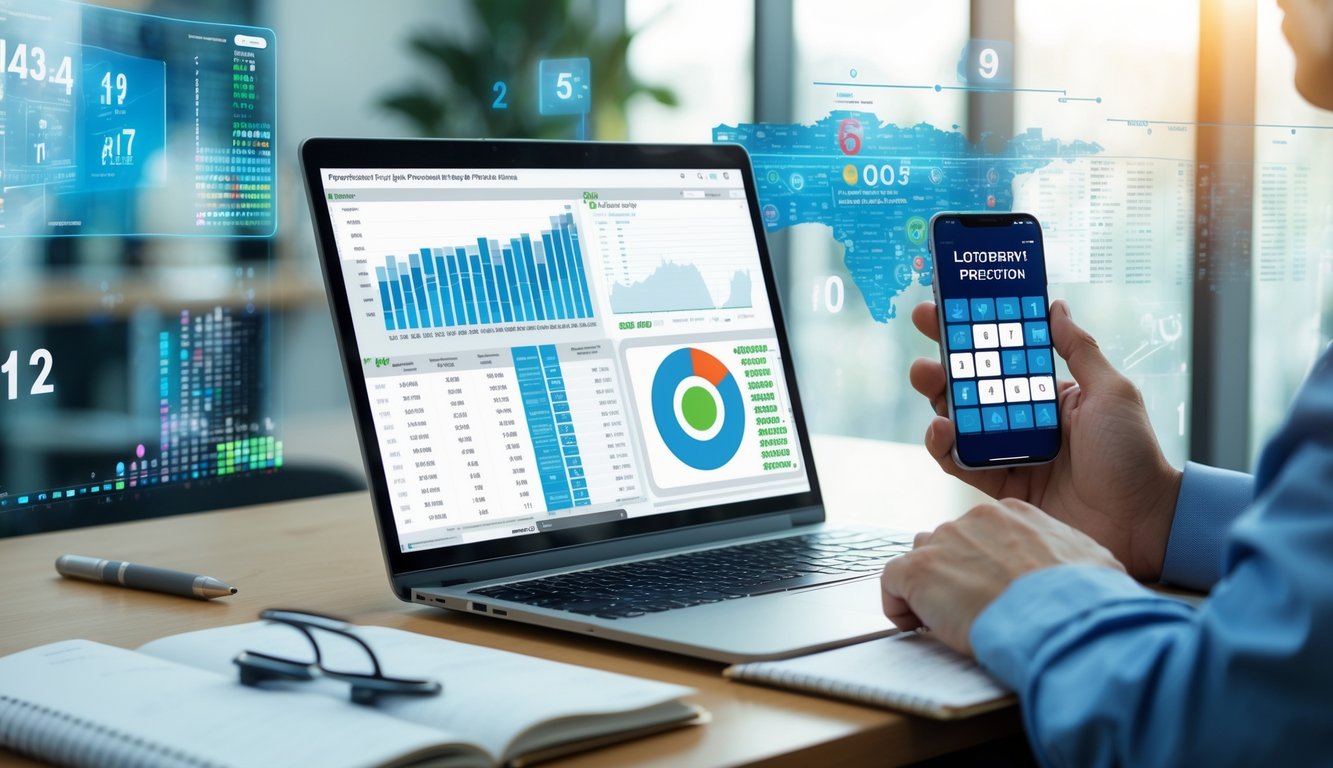 Seorang pria di meja kerja dengan laptop dan ponsel yang menampilkan data prediksi togel, di ruang kantor yang terang dan rapi.