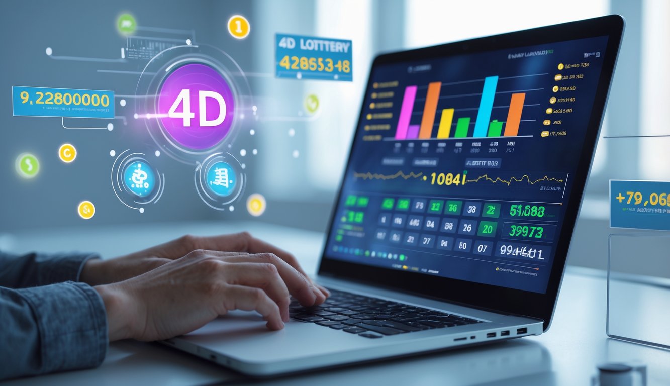 Seorang individu menggunakan laptop di meja kerja dengan grafik dan angka yang menunjukkan prediksi togel 4D online.