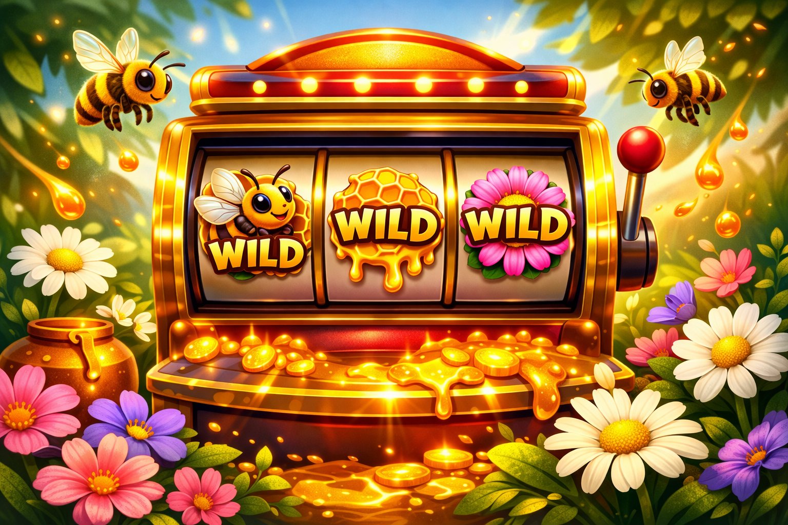 A Colorful Slot Machine With Three Reels Showing Buzzing Bees, Honeycombs, And Flowers Surrounded By Bees And Blooming Flowers.