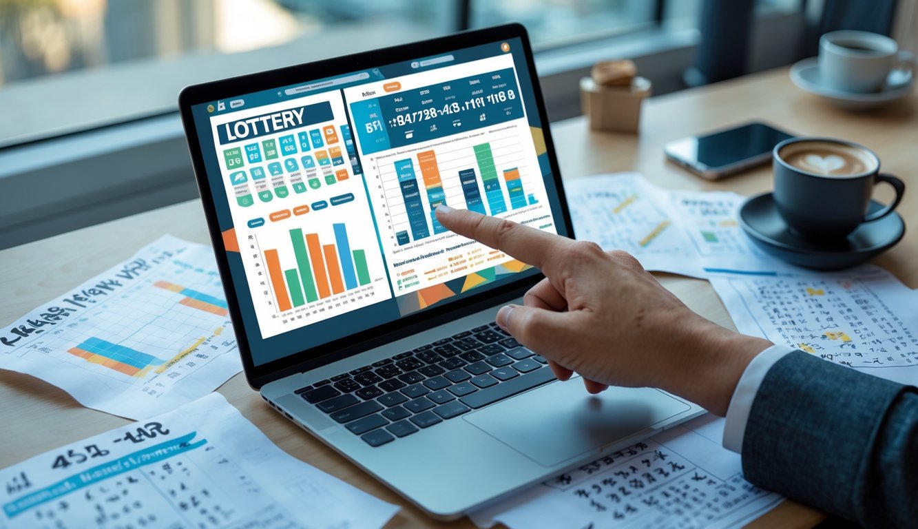 Sebuah meja kerja dengan laptop yang menampilkan grafik dan data angka togel, tangan seseorang menunjuk layar, dikelilingi kertas catatan dan alat kerja lainnya.