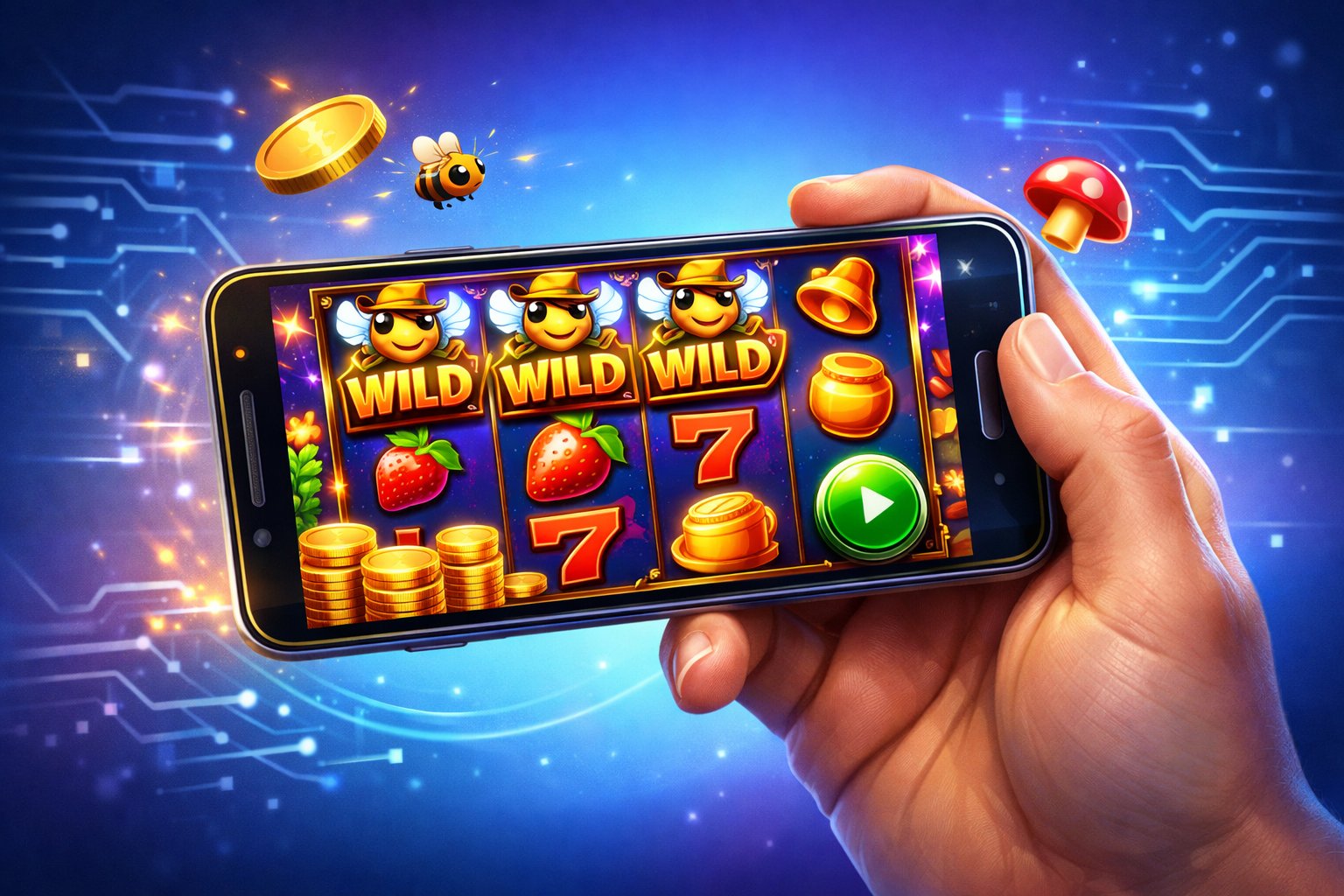 A Hand Holding A Smartphone Showing Colorful Slot Game Reels With Buzzing Wild Symbols And Glowing Digital Effects Around It.