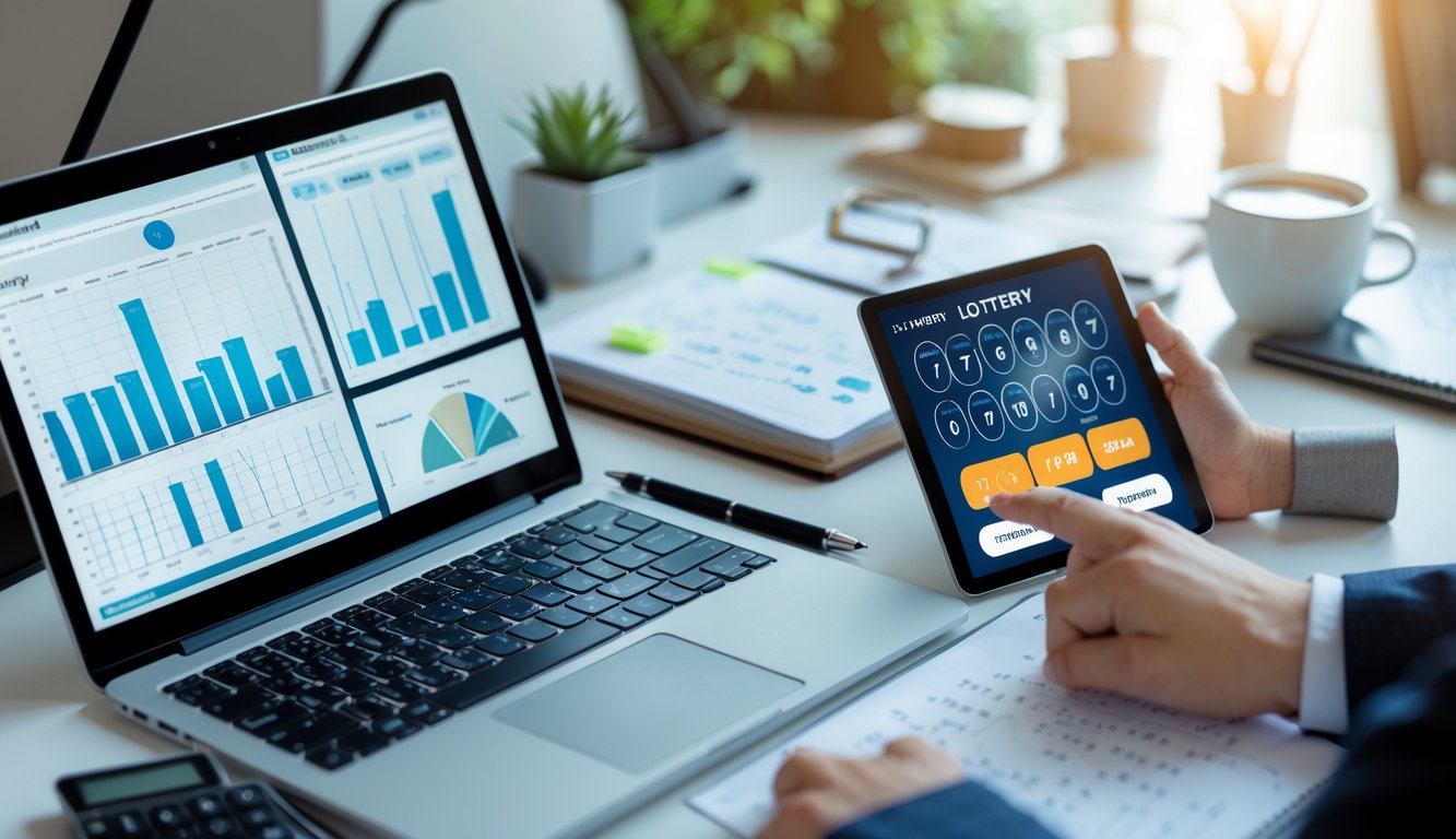 Seseorang sedang menggunakan laptop, tablet, dan ponsel di meja kerja yang rapi untuk menganalisis pola dan tren angka togel 4D secara online.