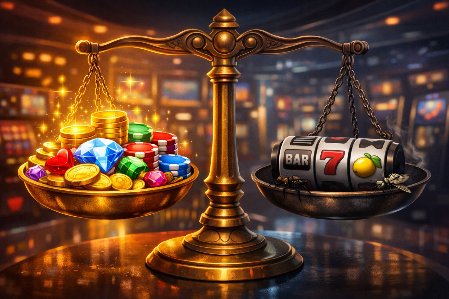 A Balanced Scale Showing Glowing Coins And Gems On One Side And A Spinning Slot Machine Reel On The Other, Set In A Modern Casino Environment.