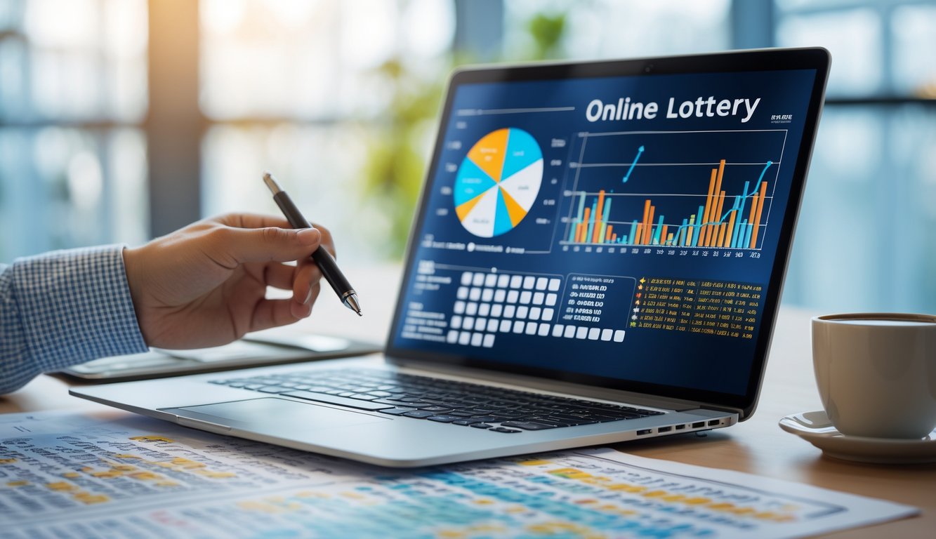 Seseorang menganalisis data angka pada layar laptop di meja kerja dengan kertas berisi data dan secangkir kopi di sampingnya.