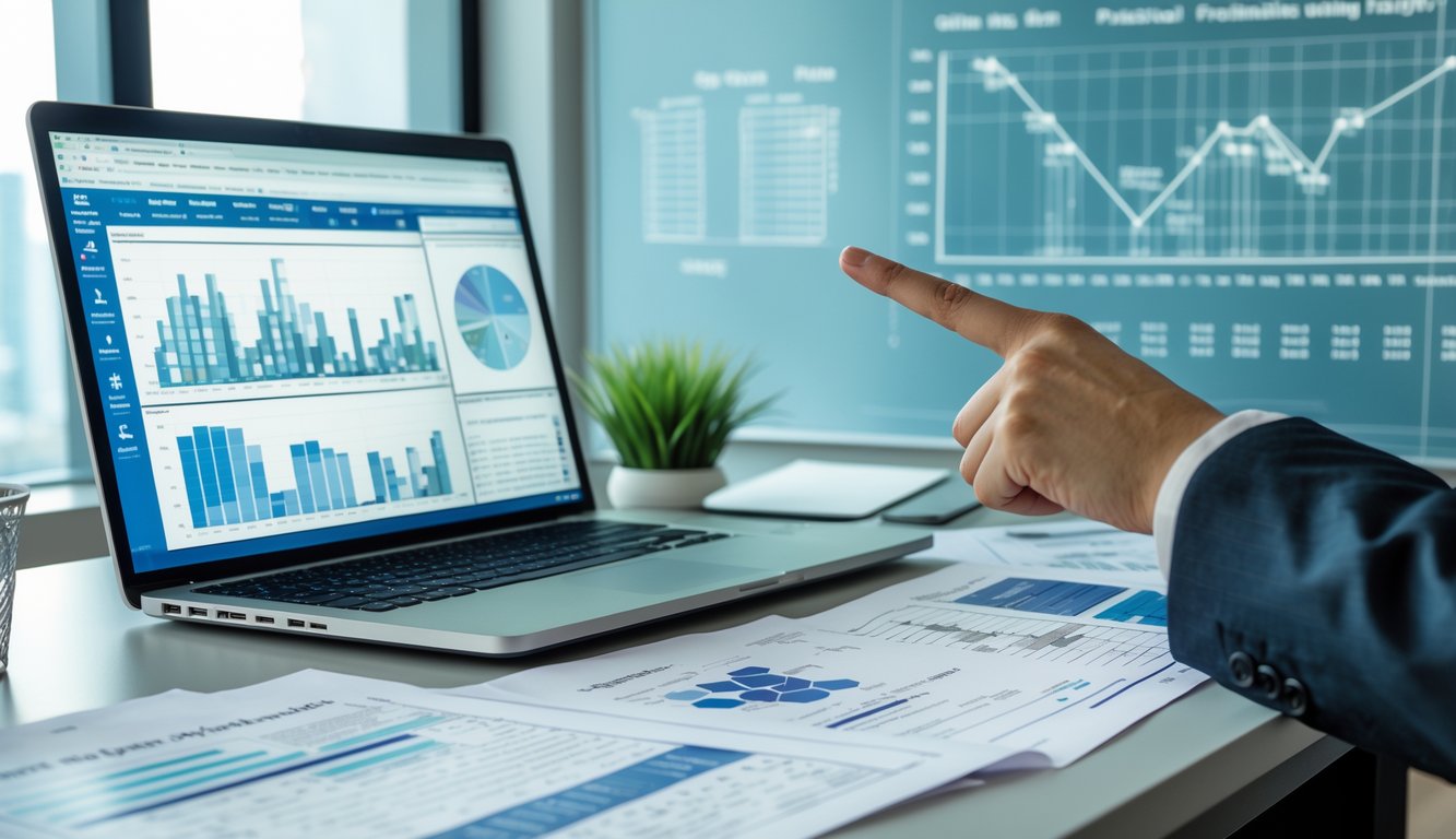 Meja kerja modern dengan laptop yang menampilkan data dan grafik, serta tangan yang menunjuk layar, menggambarkan analisis prediksi togel 4D online menggunakan data historis.