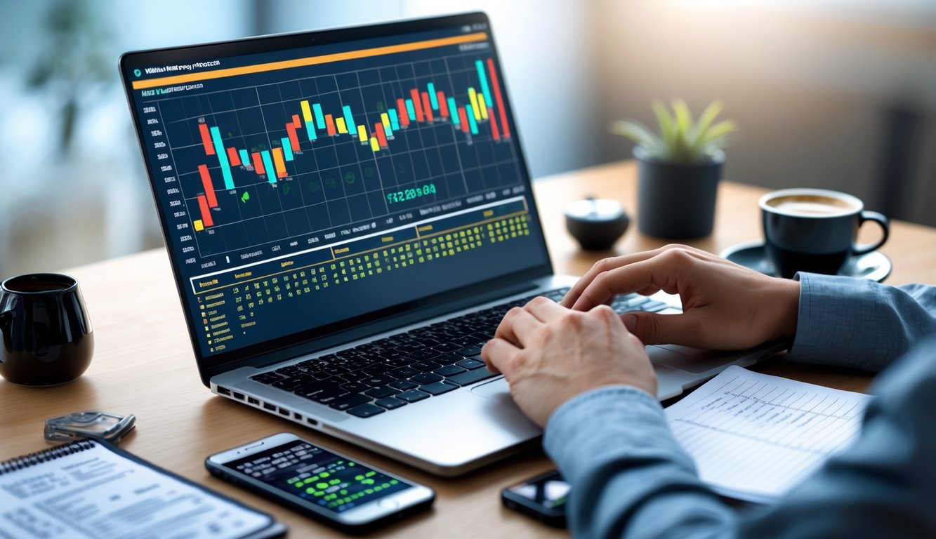 Seseorang sedang bekerja di depan laptop dengan grafik dan angka prediksi togel 4D, di meja terdapat ponsel, kopi, dan catatan.