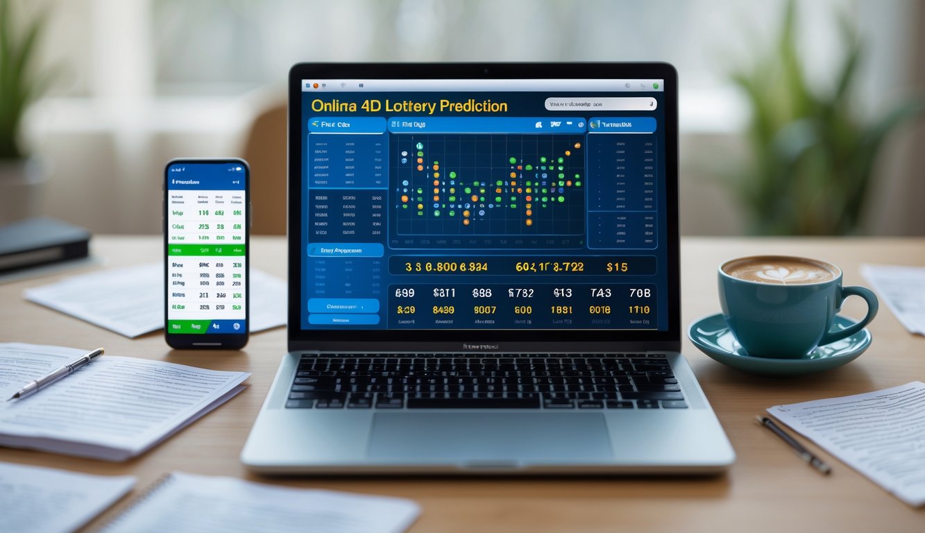 Meja kerja modern dengan laptop yang menampilkan antarmuka digital angka dan grafik prediksi togel 4D, dikelilingi catatan dan ponsel, dengan suasana fokus dan tenang.