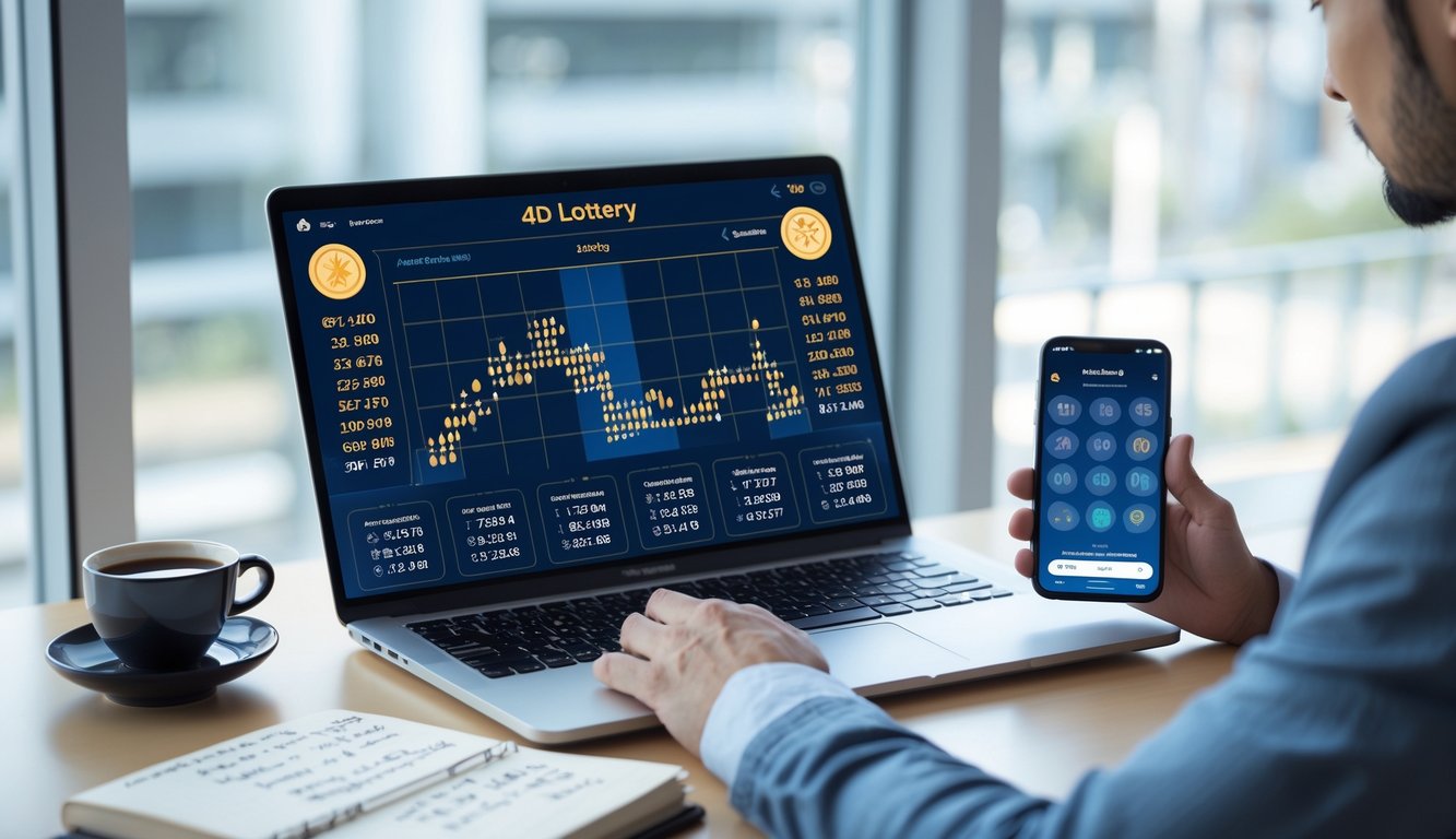 Sebuah meja kerja modern dengan laptop yang menampilkan grafik dan angka prediksi togel 4D, dilengkapi dengan cangkir kopi, buku catatan, dan ponsel yang menampilkan aplikasi togel.