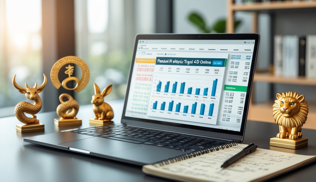 Meja kerja dengan laptop menampilkan grafik prediksi togel, beberapa miniatur shio hewan, dan buku catatan dengan pena di sampingnya.