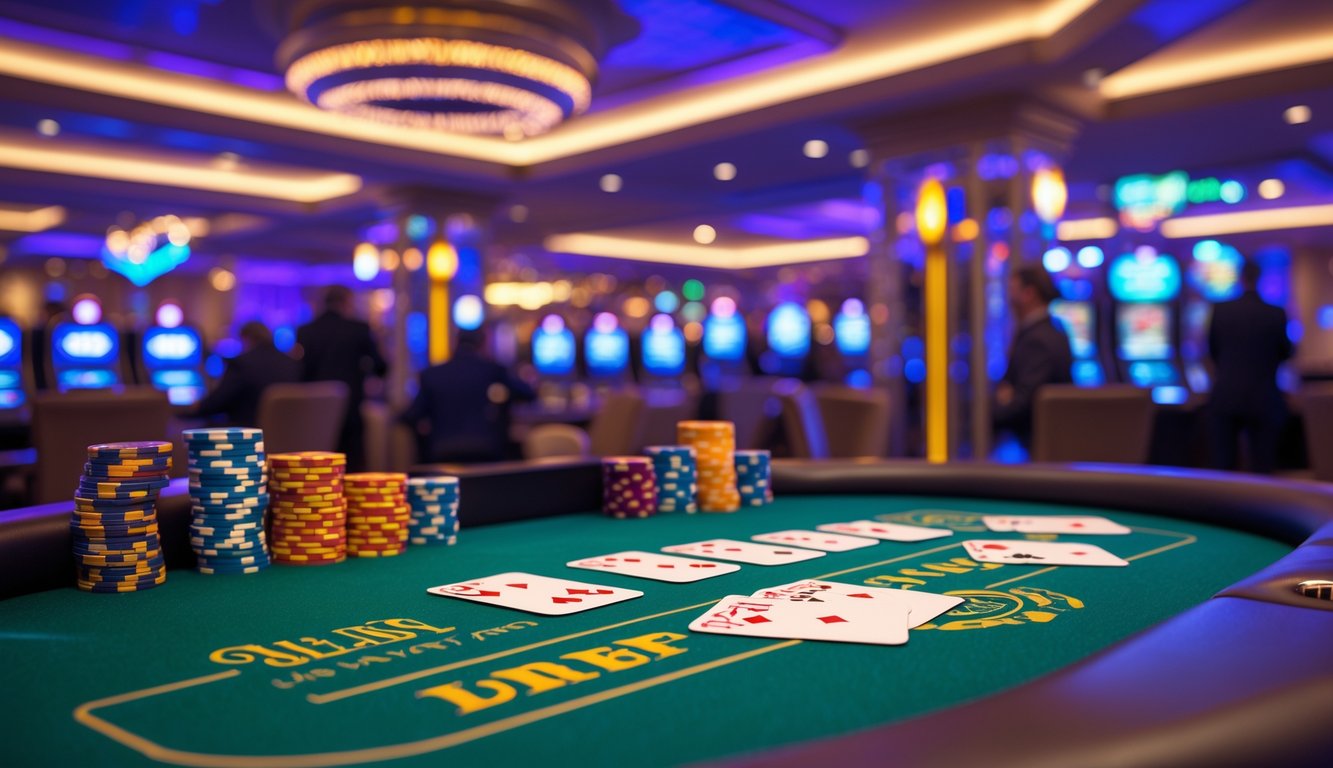 Meja blackjack di kasino mewah dengan kartu dan chip poker, latar belakang dekorasi kasino dan lampu neon samar.