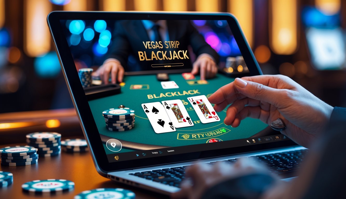 Layar perangkat digital menampilkan permainan blackjack Vegas Strip dengan kartu dan chip, suasana kasino yang hangat dan profesional.