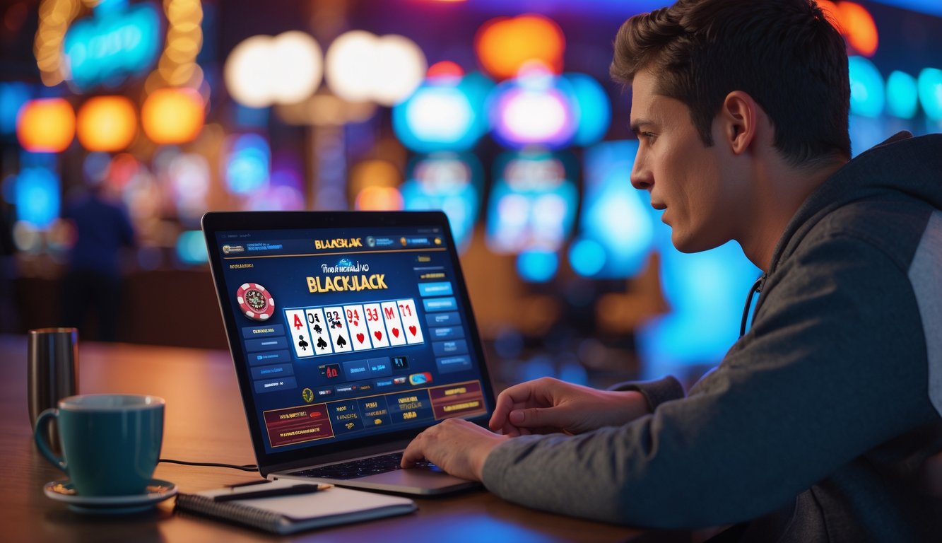 Seorang pemula sedang bermain blackjack online di laptop dengan latar belakang lampu neon dan suasana kasino.