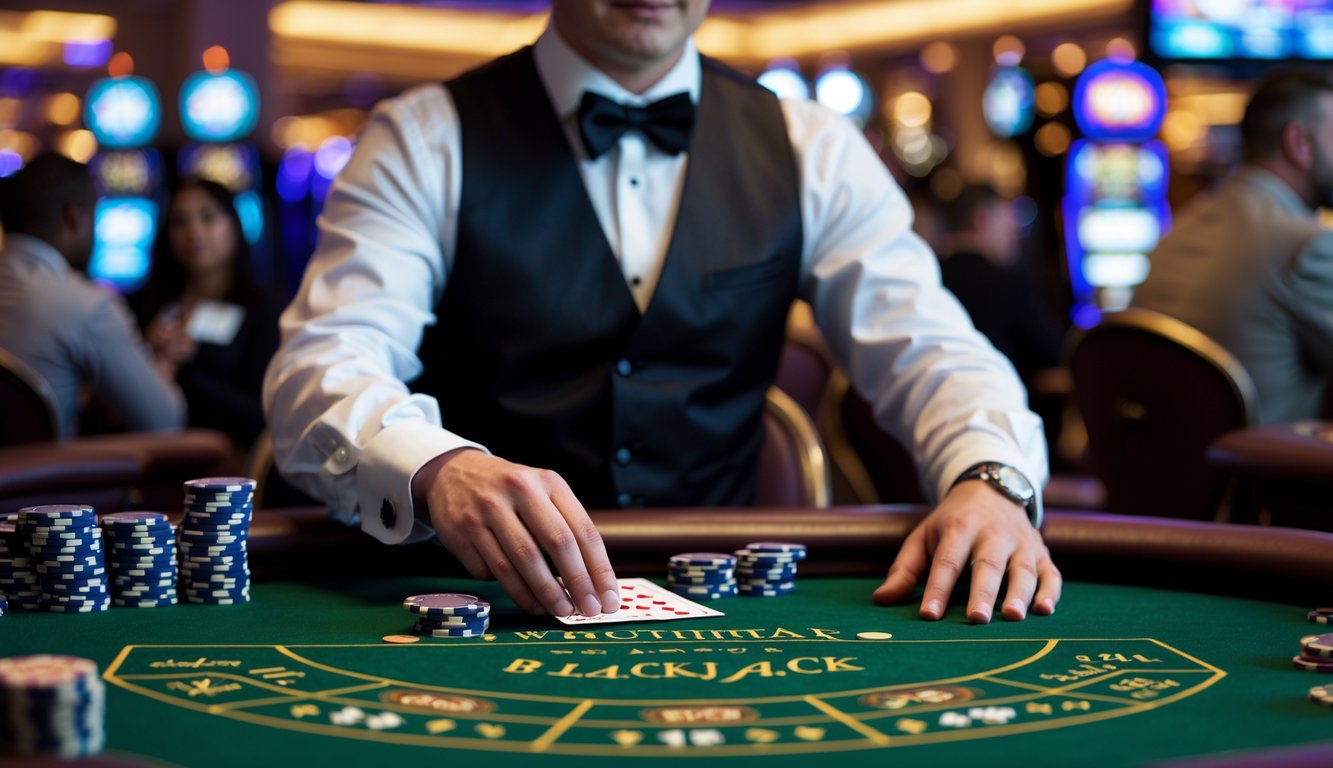 Meja blackjack di kasino dengan dealer dan pemain yang sedang bermain kartu.