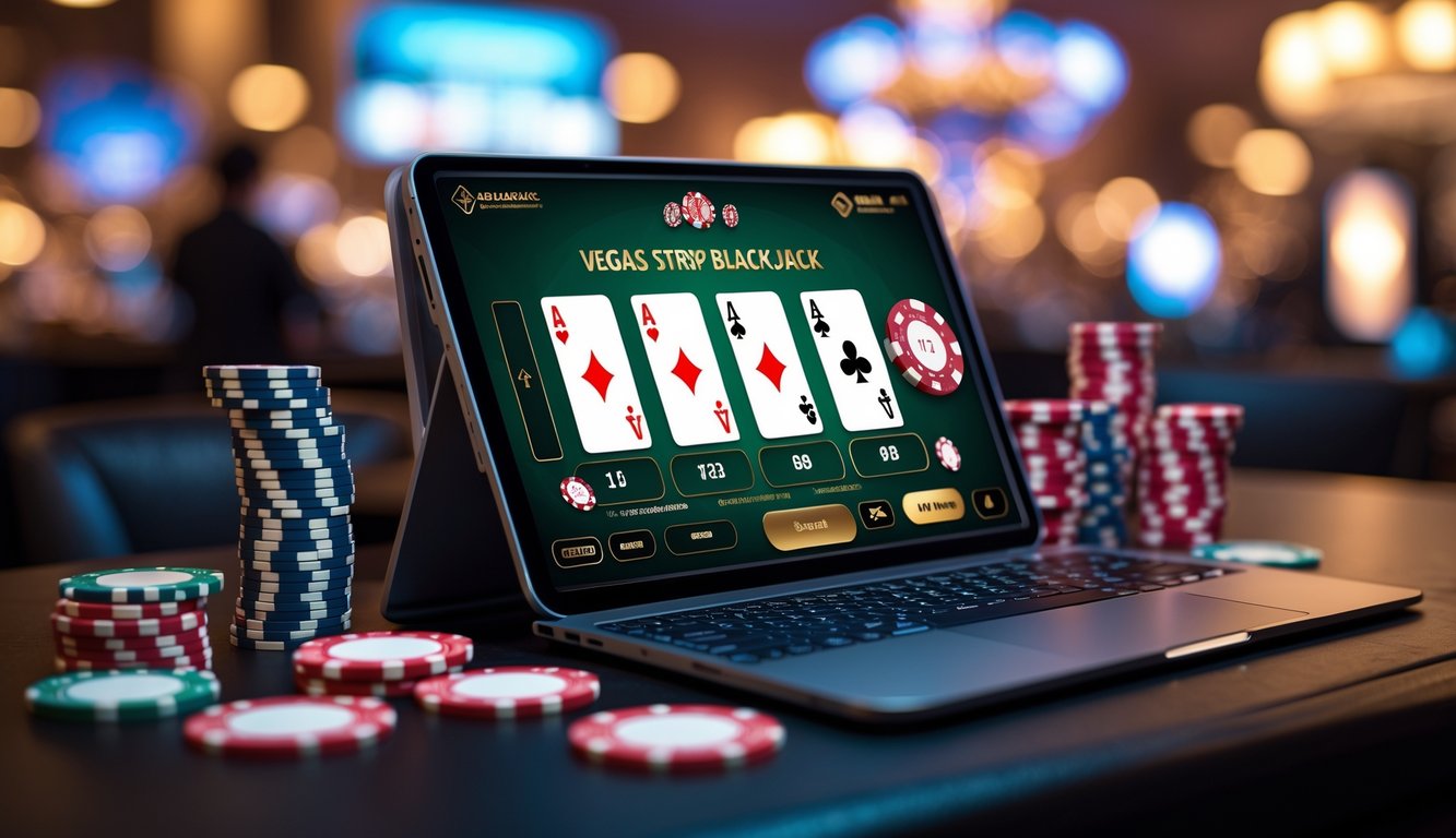 Sebuah laptop menampilkan permainan blackjack Vegas Strip online dengan kartu dan chip poker di sekitarnya.