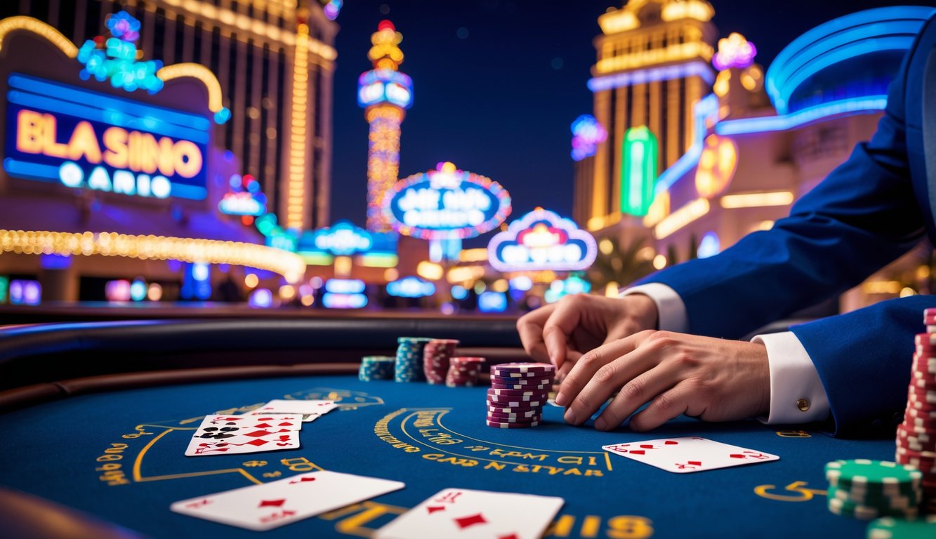 Pemandangan kasino di Las Vegas Strip pada malam hari dengan meja blackjack dan kartu serta chip yang tertata rapi.