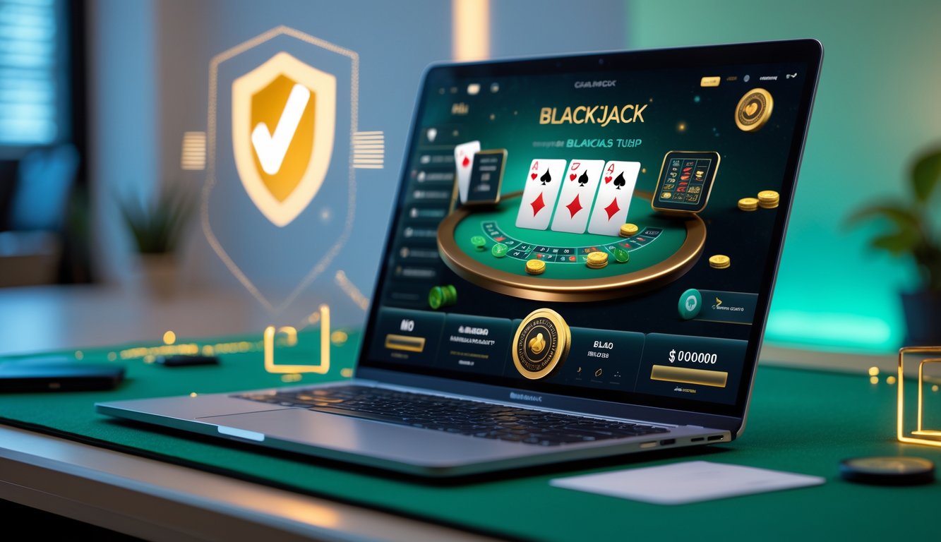 Sebuah layar komputer menampilkan permainan blackjack online dengan kartu dan chip di meja yang rapi dan terang.