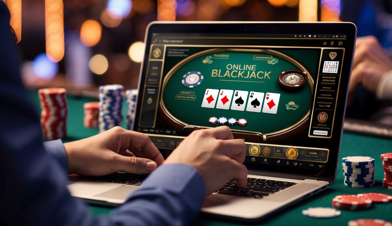 Seseorang bermain blackjack online di depan layar komputer dengan meja kartu dan chip judi yang terlihat.