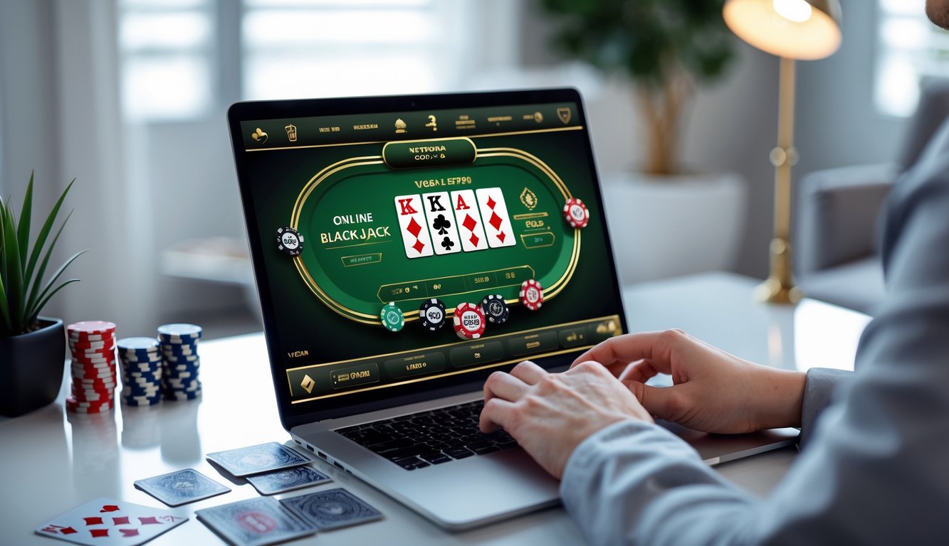Seorang pemain menggunakan laptop di meja kerja dengan permainan blackjack online Vegas Strip terlihat di layar.