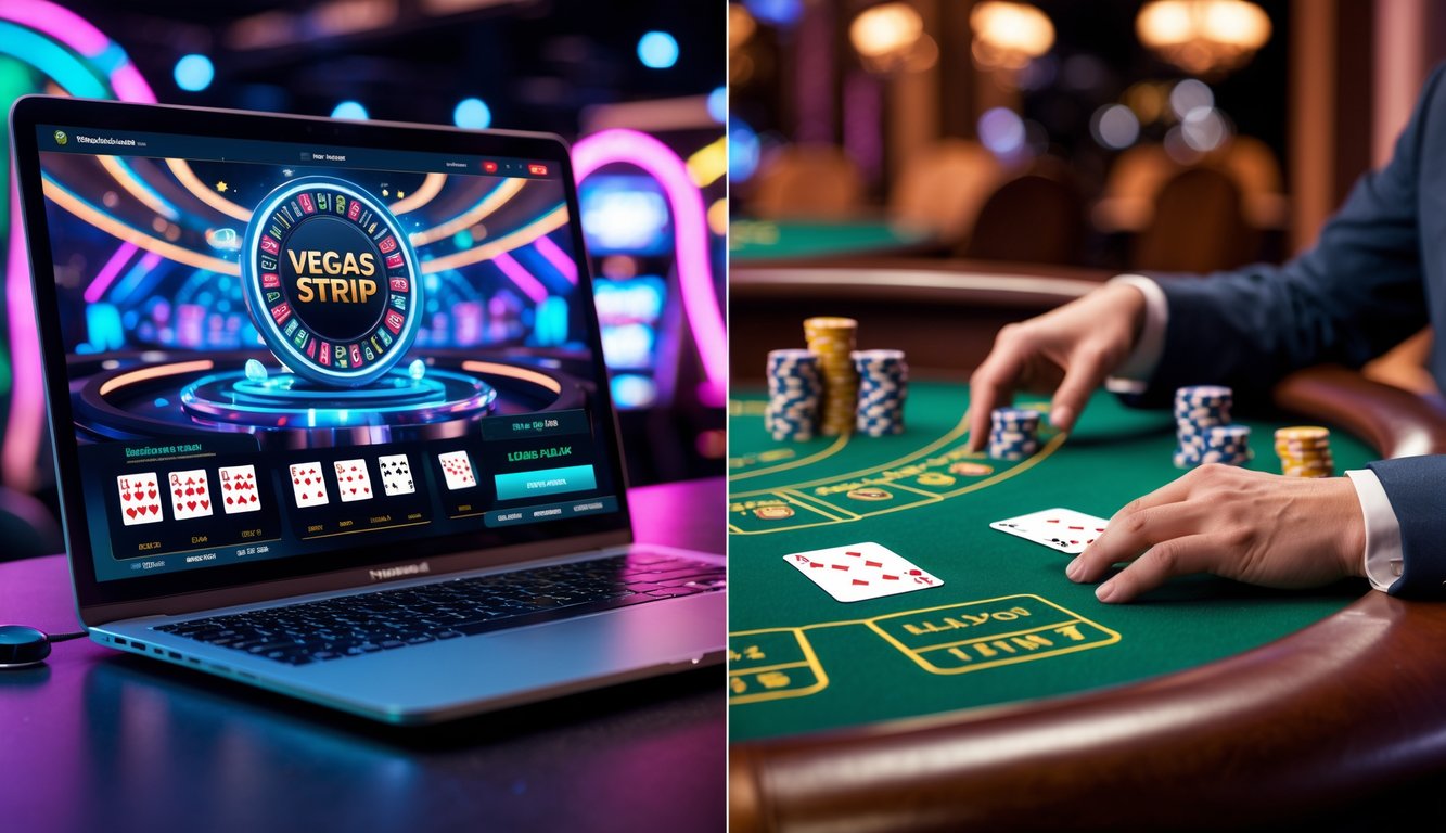 Perbandingan dua permainan blackjack, satu dengan tampilan online di laptop dan satu lagi dengan meja blackjack klasik di kasino.