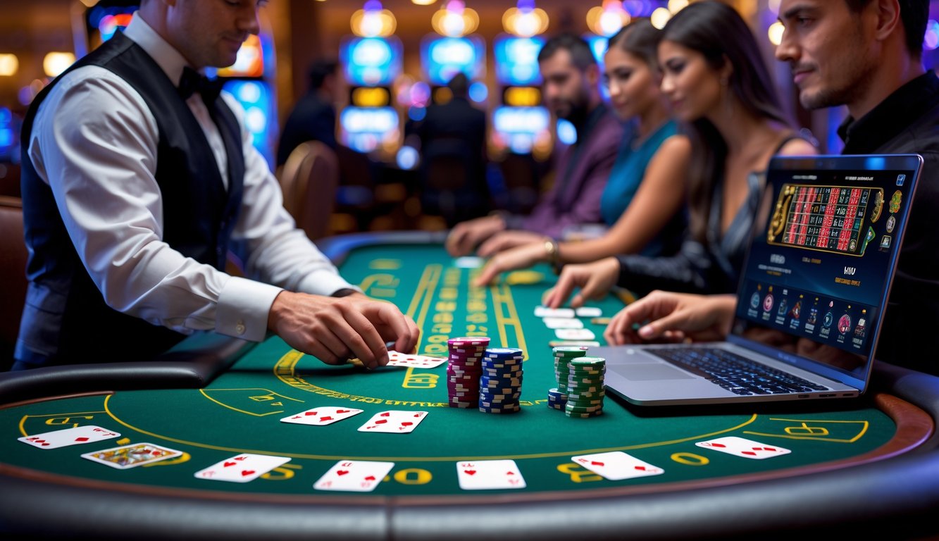 Meja blackjack dengan dealer dan pemain yang sedang bermain, di sebelahnya terdapat laptop yang menampilkan permainan blackjack online.