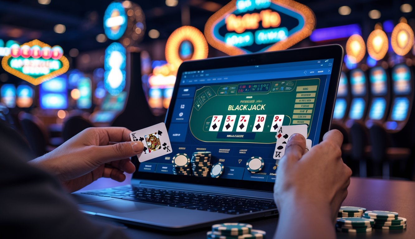 Tangan seseorang memegang kartu dan chip di depan layar laptop yang menampilkan permainan blackjack online dengan latar belakang lampu neon dan elemen kasino Vegas Strip.