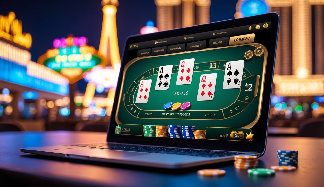 Layar laptop menampilkan permainan blackjack online dengan latar belakang lampu neon dan bangunan ikonik Las Vegas Strip.
