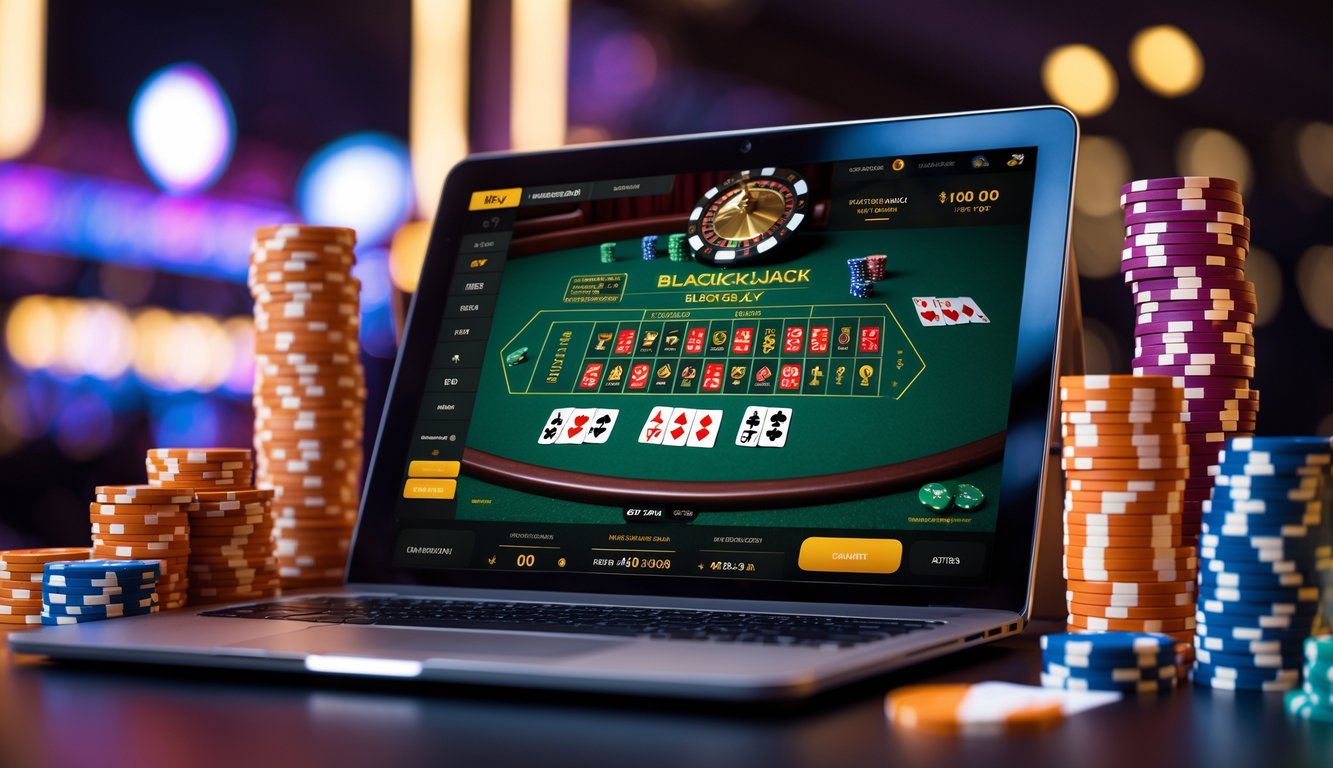 Sebuah perangkat digital menampilkan permainan blackjack online dengan kartu dan chip poker, dikelilingi oleh elemen kasino yang berwarna-warni dan lampu neon yang samar.