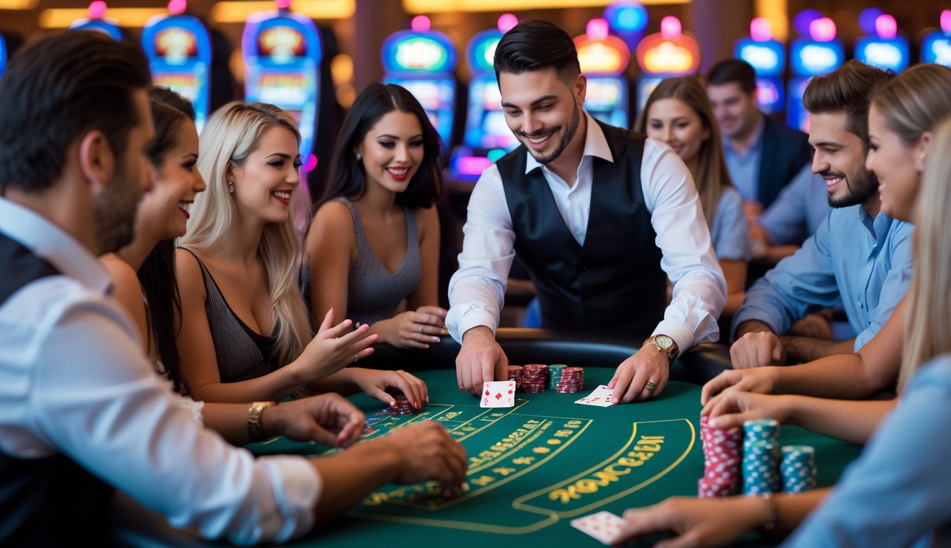 Adegan meja blackjack di kasino dengan dealer dan beberapa pemain yang sedang bermain kartu.