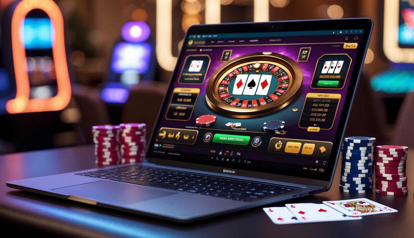 Sebuah laptop menampilkan permainan blackjack online dengan kartu dan chip di meja, dikelilingi oleh elemen kasino dengan lampu neon yang lembut di latar belakang.