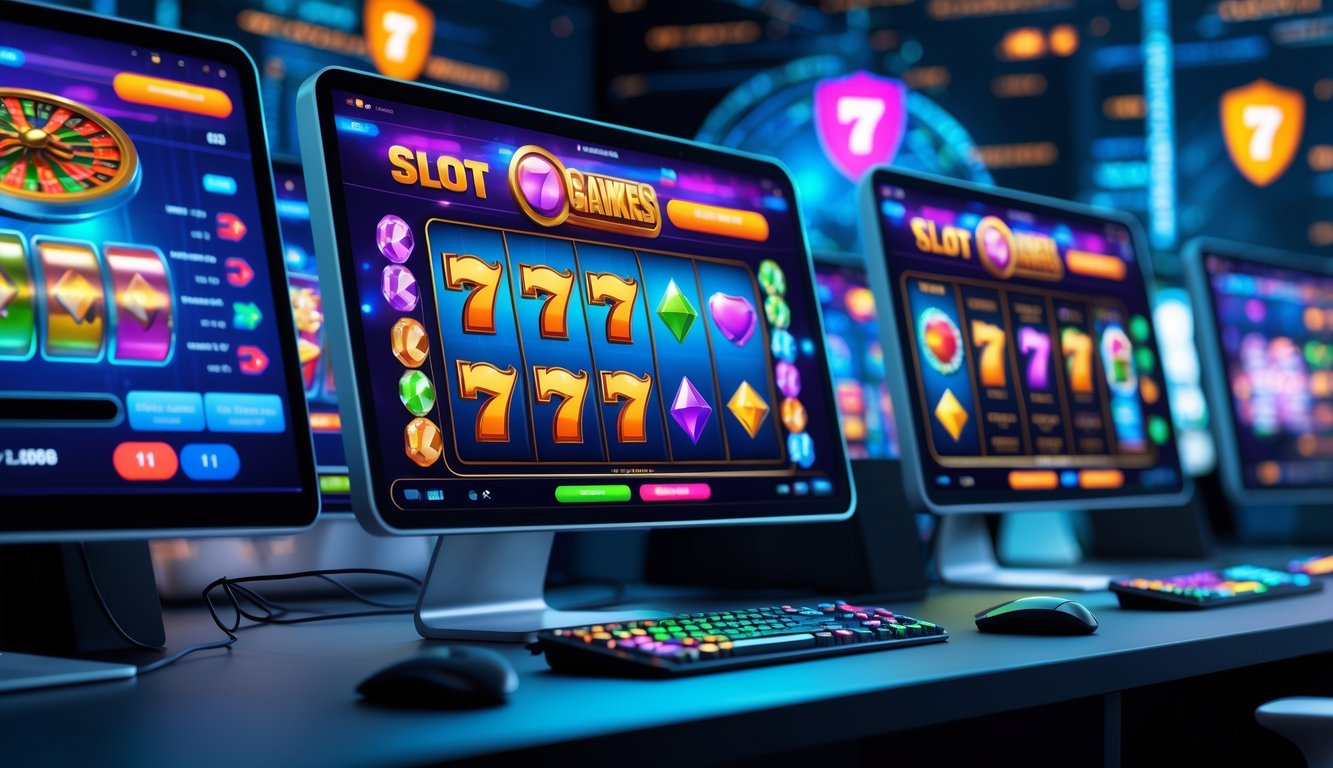 Suasana ruang kerja modern dengan beberapa layar komputer menampilkan permainan slot online yang berwarna-warni dan dinamis.