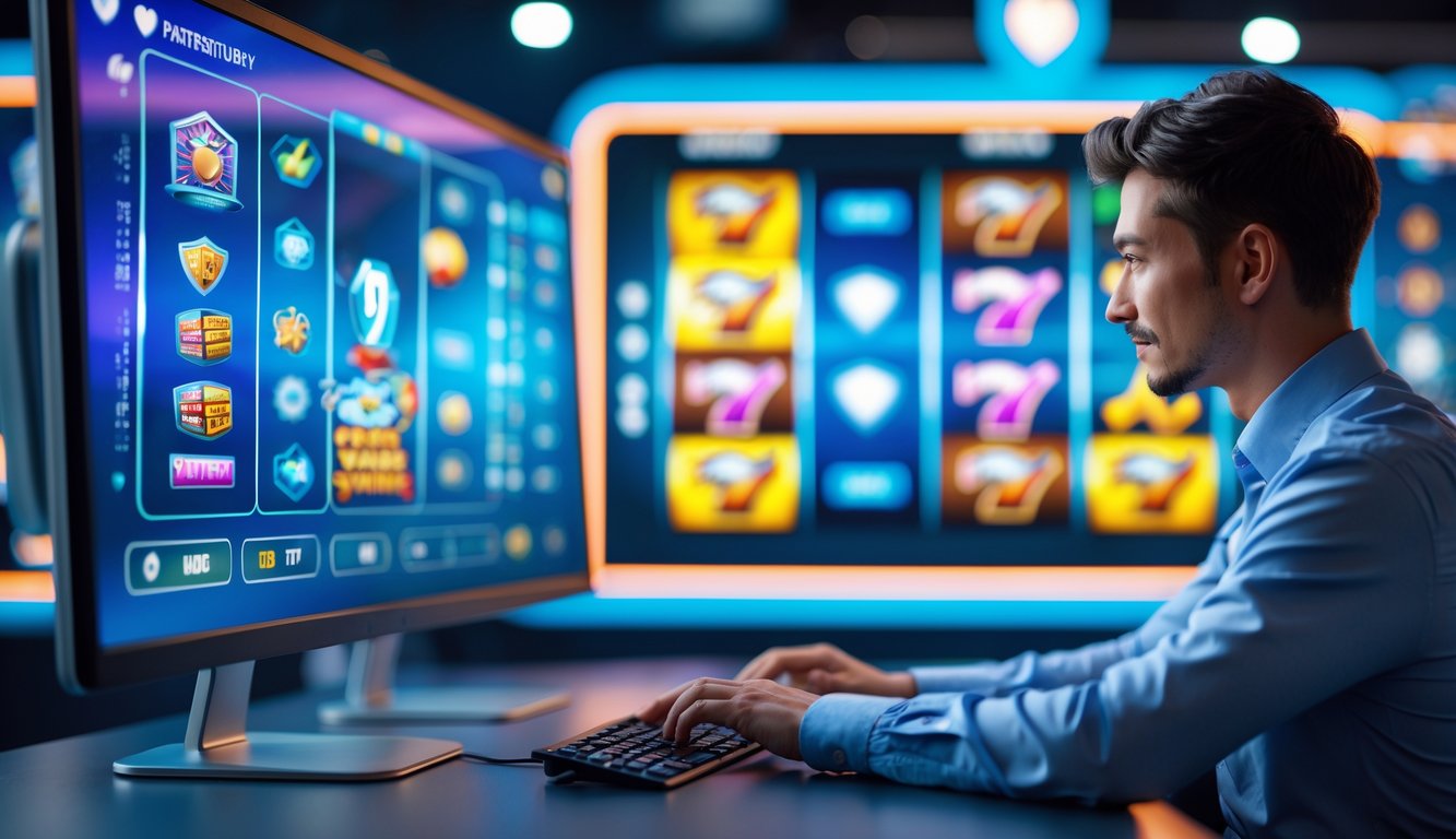 Seorang pria duduk di depan komputer dengan layar menampilkan permainan slot warna-warni, di ruang kerja modern yang terang dan rapi.