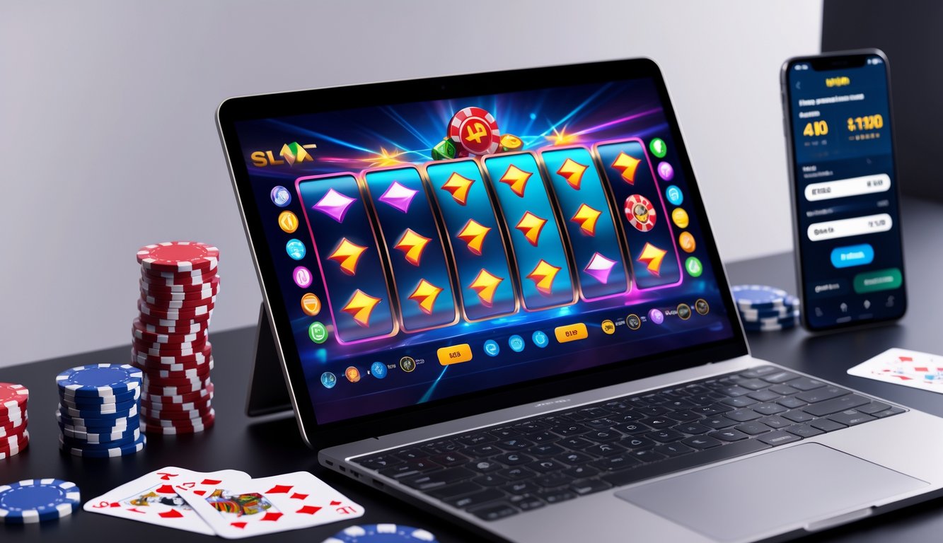Sebuah meja dengan komputer menampilkan permainan slot online yang berwarna-warni, dikelilingi oleh chip poker dan kartu remi.