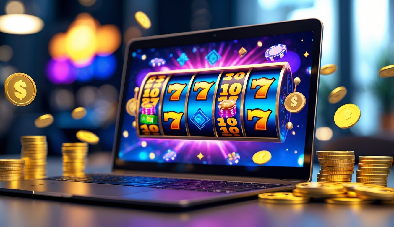 Layar komputer menampilkan permainan mesin slot online dengan koin emas dan chip poker di sekitarnya.