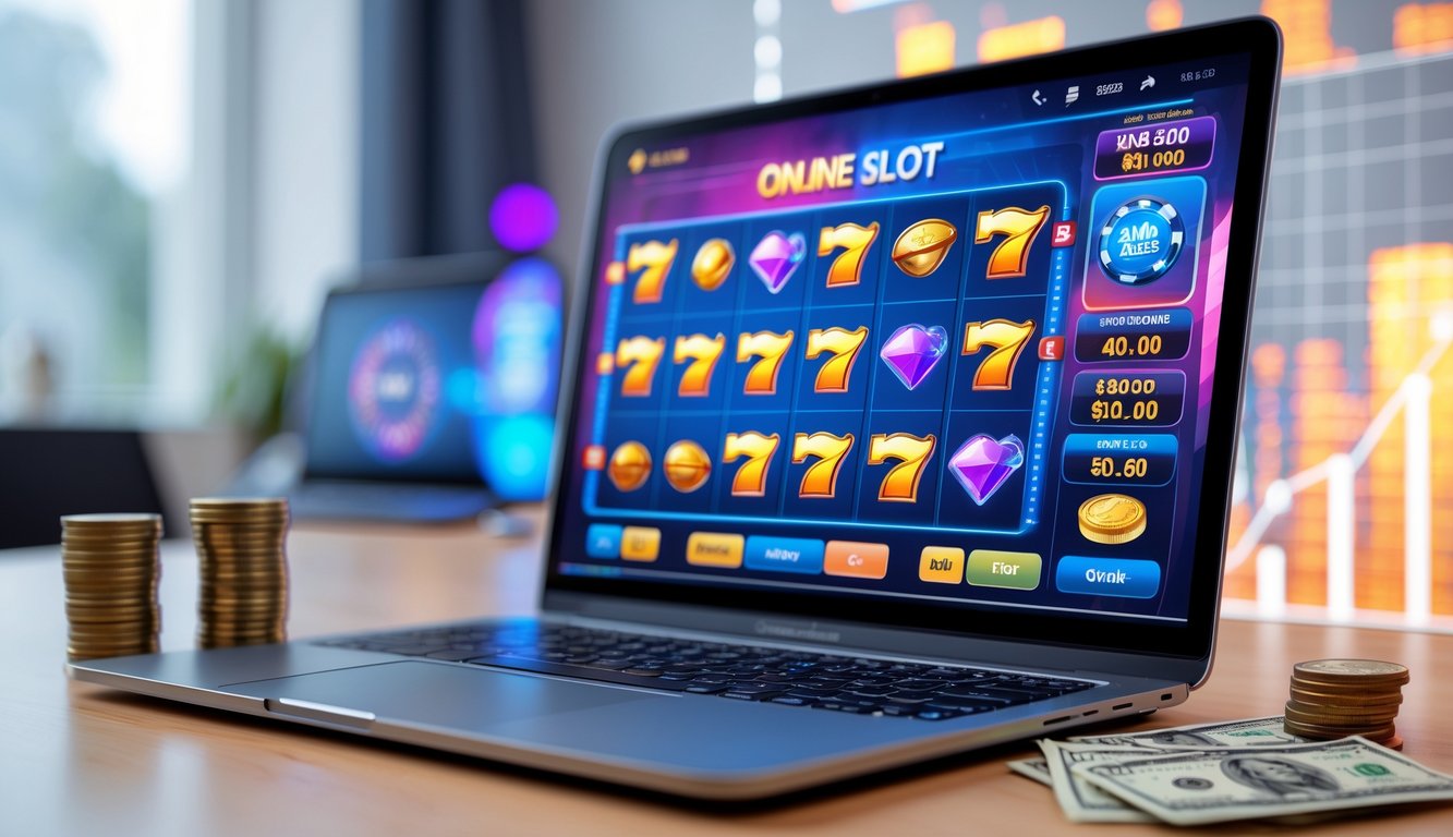 Seorang pengguna bermain slot online di laptop dengan tumpukan koin kecil di meja, menunjukkan modal kecil dalam permainan daring.
