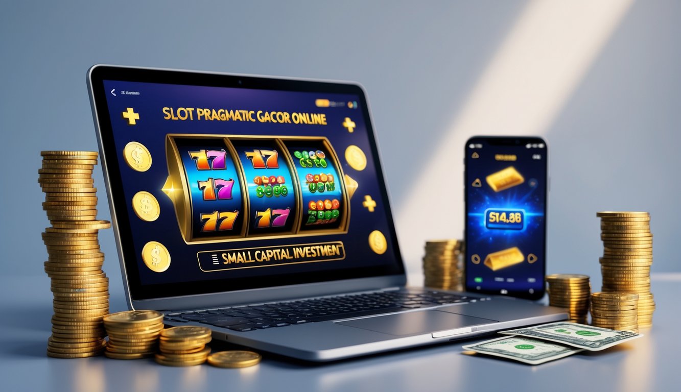 Seorang pengguna bermain permainan slot online di komputer dengan koin dan uang di sekitar sebagai simbol modal kecil.