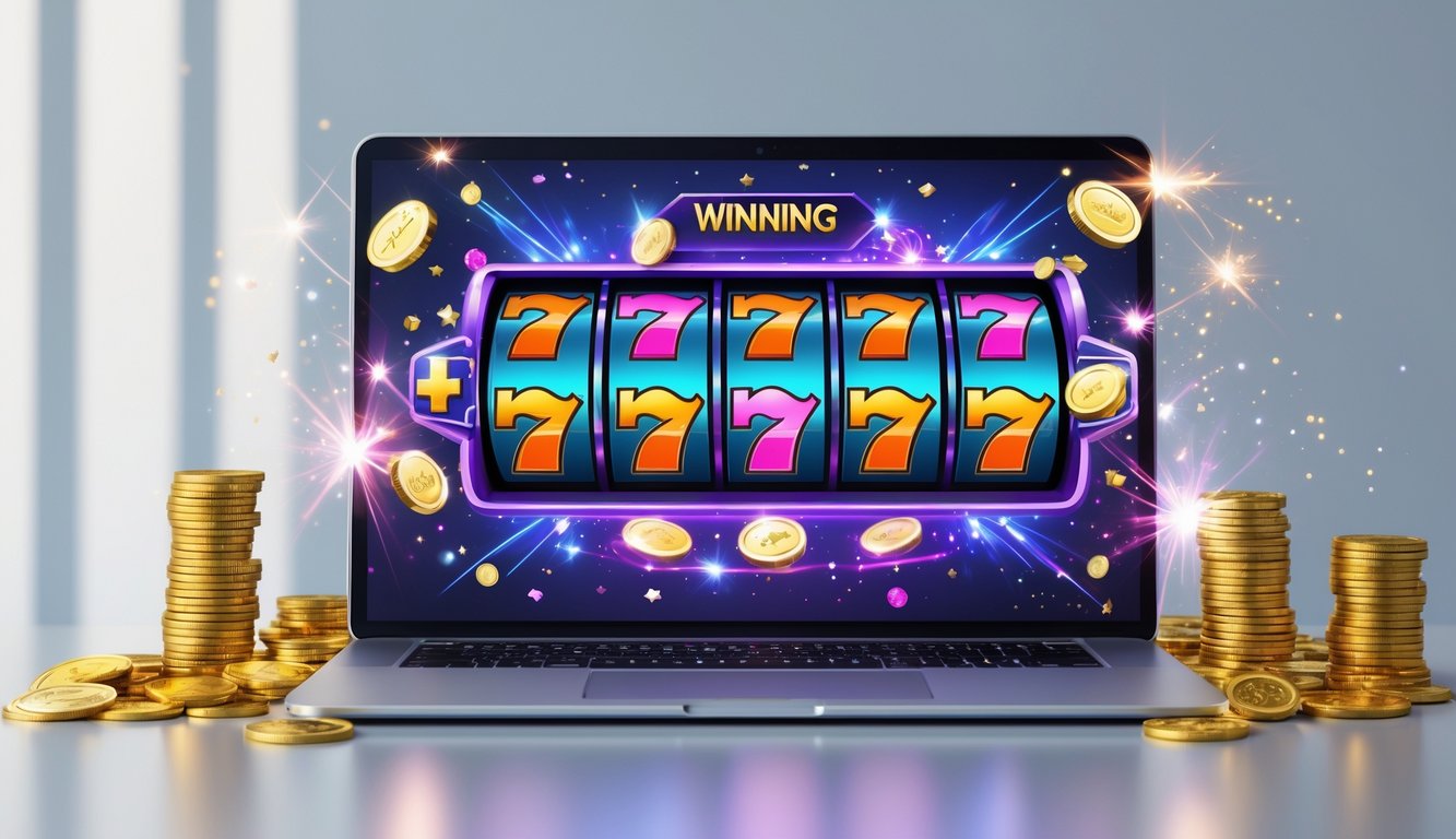 Layar komputer menampilkan permainan mesin slot dengan simbol kemenangan dan koin emas di sekitarnya.