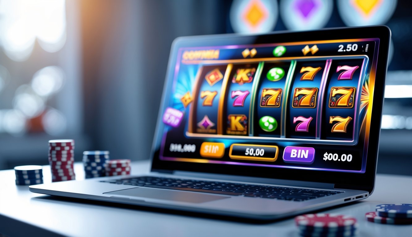 Sebuah komputer dengan layar menampilkan permainan slot online berwarna cerah, dikelilingi oleh chip poker dan kartu remi di atas meja yang rapi.