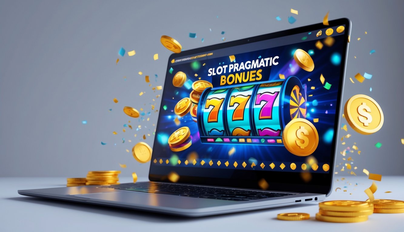 Seorang pengguna sedang bermain permainan slot online di layar komputer dengan simbol kemenangan dan koin digital di sekitarnya.