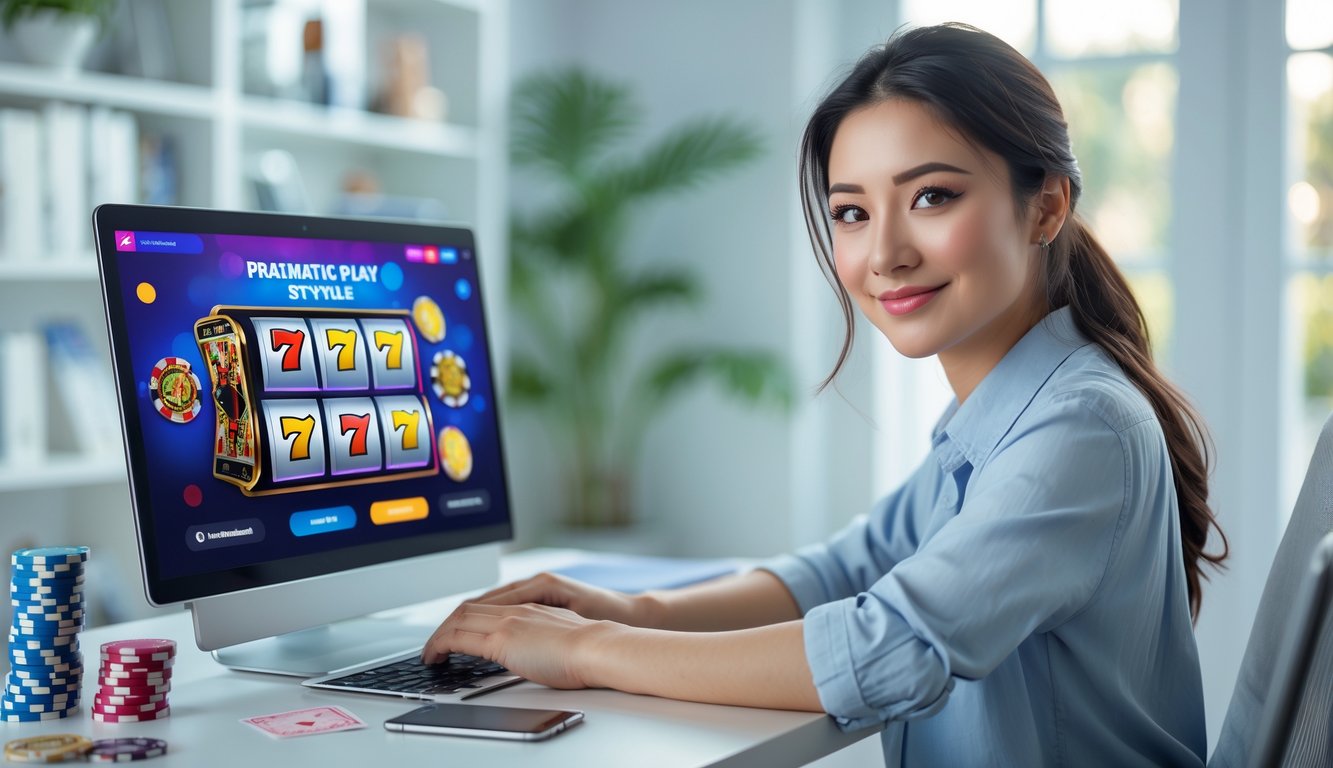 Seorang wanita muda duduk di meja dengan laptop, bermain permainan slot online di rumah.