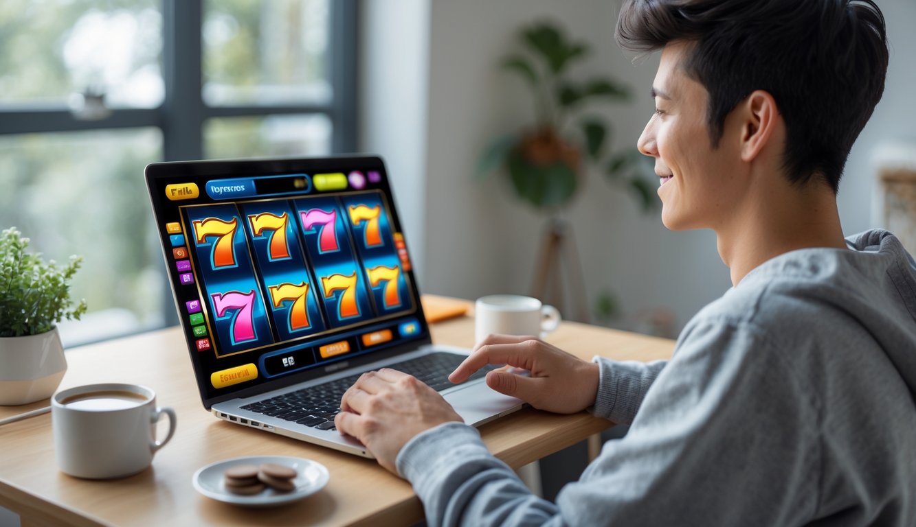 Seorang pemula bermain permainan slot online di laptop di ruang rumah yang nyaman.