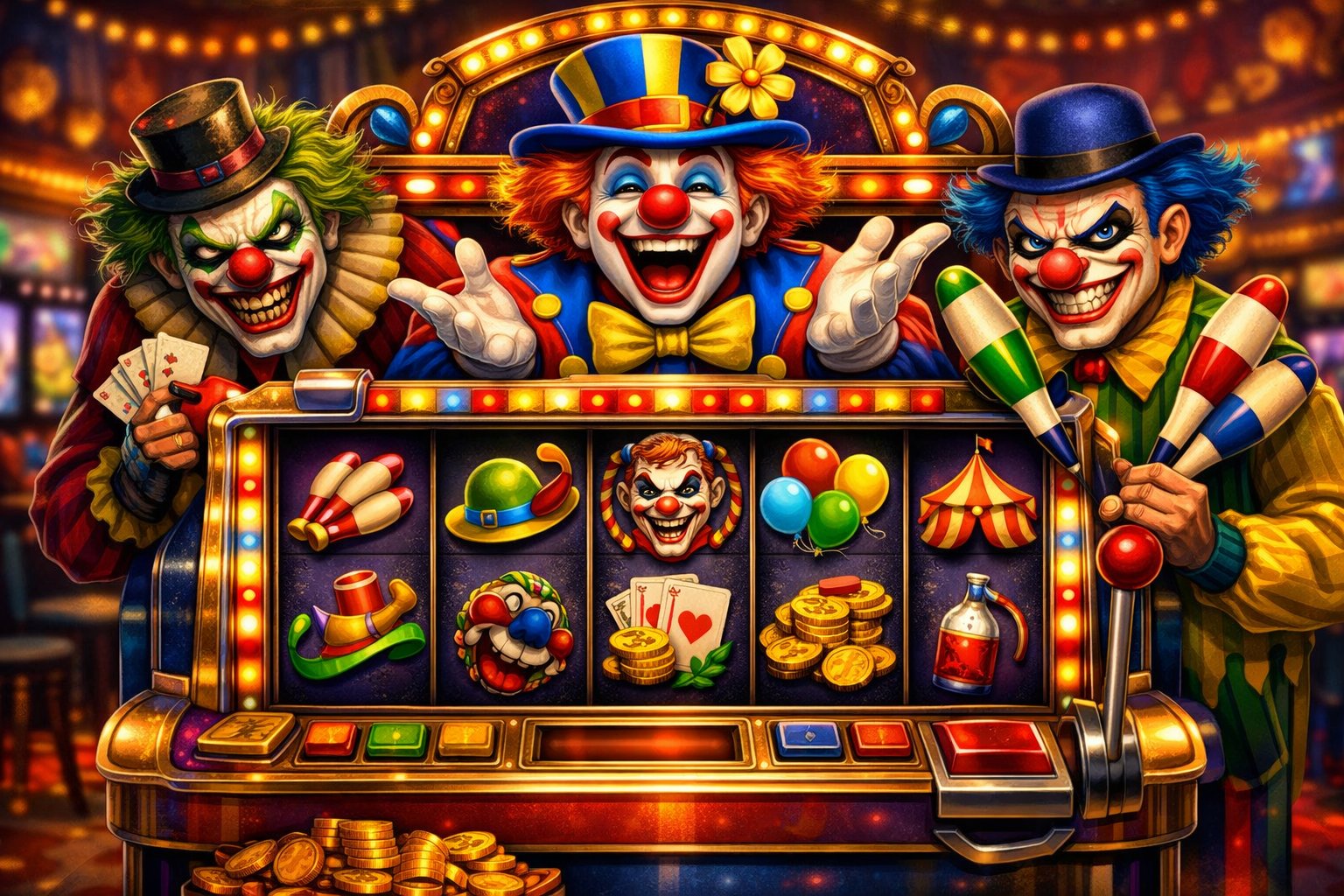 A Colorful Slot Machine Featuring Three Playful Clowns With Bright Costumes And CircusThemed Symbols In A Lively Casino Setting.