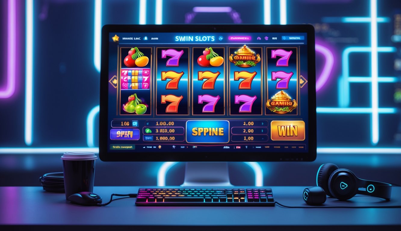 Sebuah meja dengan komputer dan ponsel yang menampilkan permainan slot online dengan simbol warna-warni, di lingkungan gaming yang terang dan nyaman.