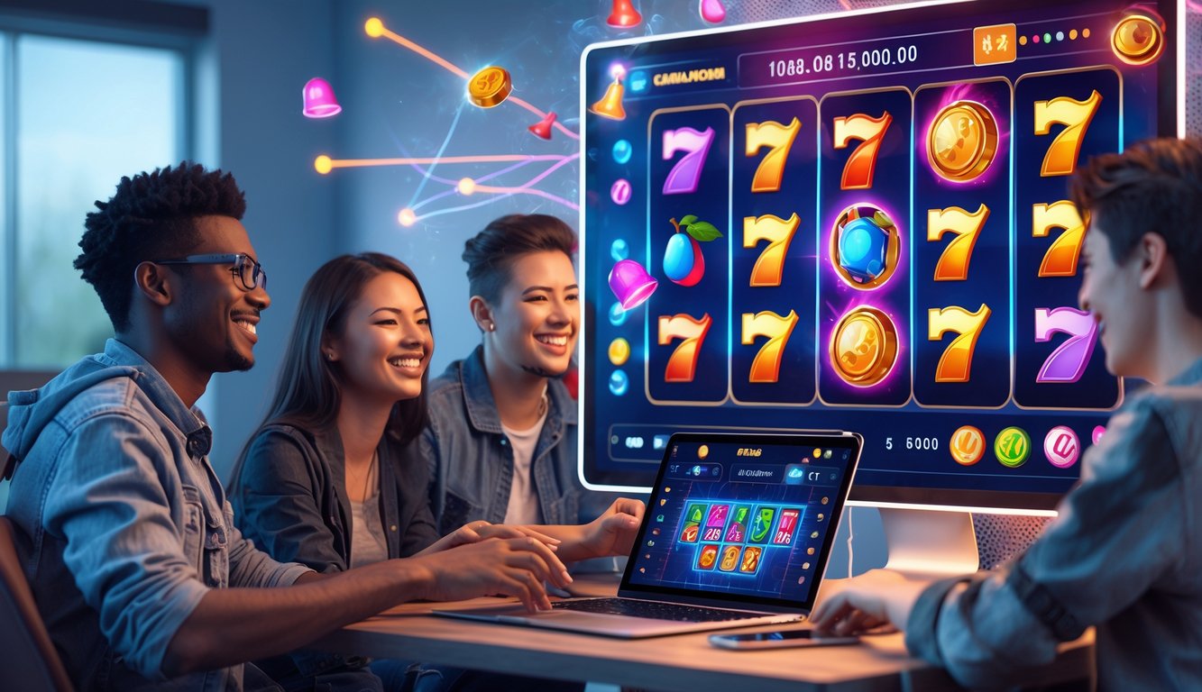Sejumlah orang muda sedang bermain game slot online di laptop dan ponsel dengan layar komputer menampilkan mesin slot digital berwarna-warni.