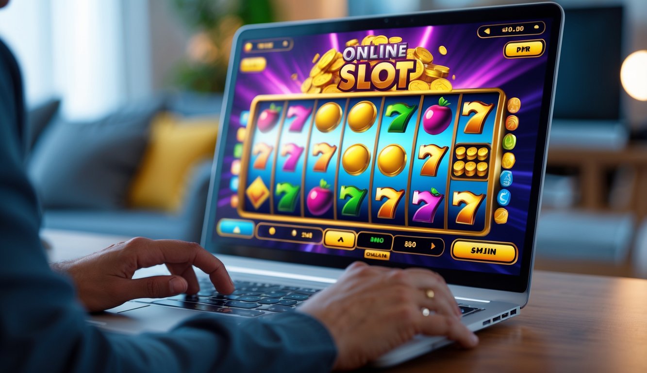 Seseorang sedang bermain mesin slot online dengan layar komputer menampilkan grafik mesin slot berwarna-warni di lingkungan rumah atau kantor yang nyaman.