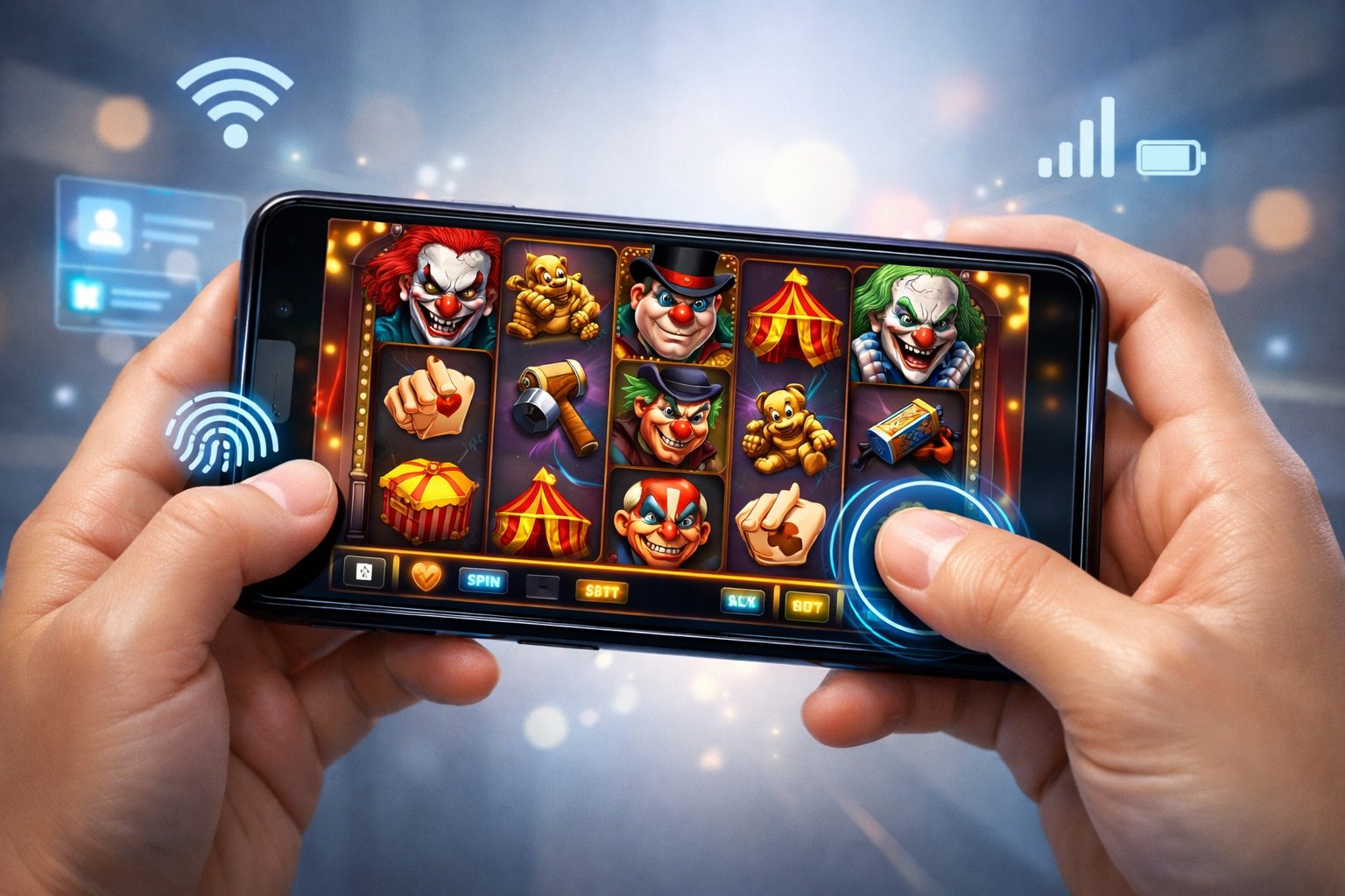 A Person Holding A Smartphone Showing Colorful Slot Game Reels With Clown And Circus Symbols, Illustrating Mobile Slot Gaming.