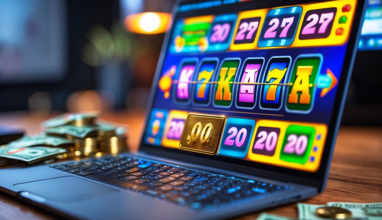 Seorang pengguna bermain permainan slot online di depan komputer dengan uang rupiah di meja.