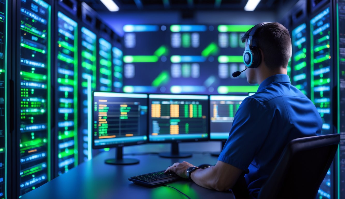 Seorang teknisi IT memantau server online di ruang server yang modern dan terang dengan lampu LED biru dan hijau.