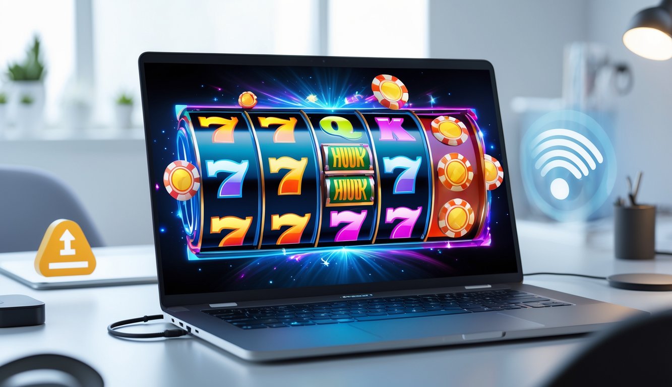 Sebuah setup permainan slot online dengan komputer menampilkan layar permainan slot yang berwarna-warni di ruang kerja yang rapi dan terang.